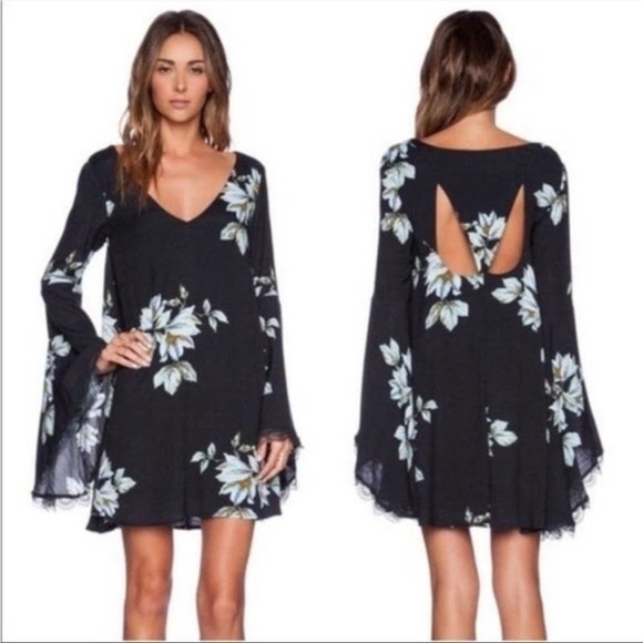 Free People Wanderer Floral Mini Bell Sleeve Dress Small Women’s Black Blue - Picture 1 of 7
